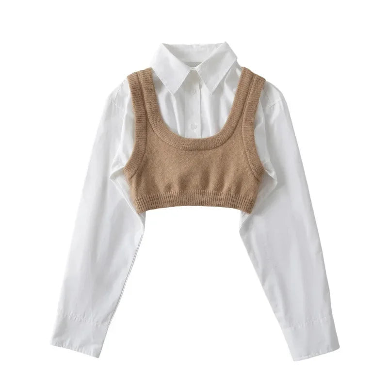 HLJ&GG Autumn Knit Vest Shirts Two Piece Sets Women Lapel Button Long Sleeve Top And Mini Skirts Outfits Fashion Retro 2pcs Suit