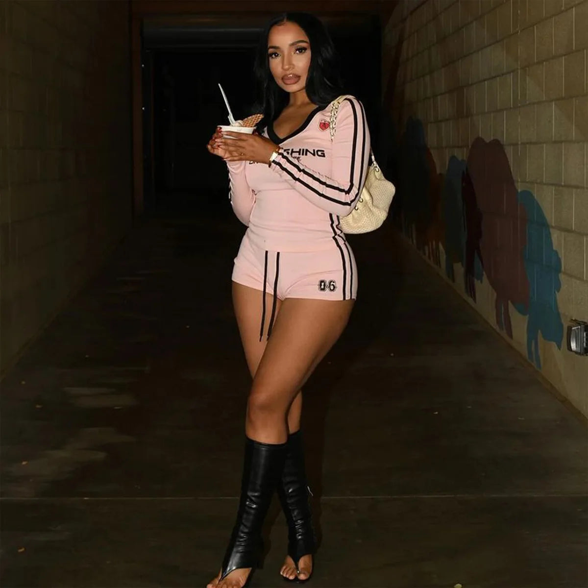 Weird Puss Letter Print Sporty 2 Piece Set Women Tracksuit Stroke Tight Hipster Casual Crop Tops+Shorts Matching Street Outfits