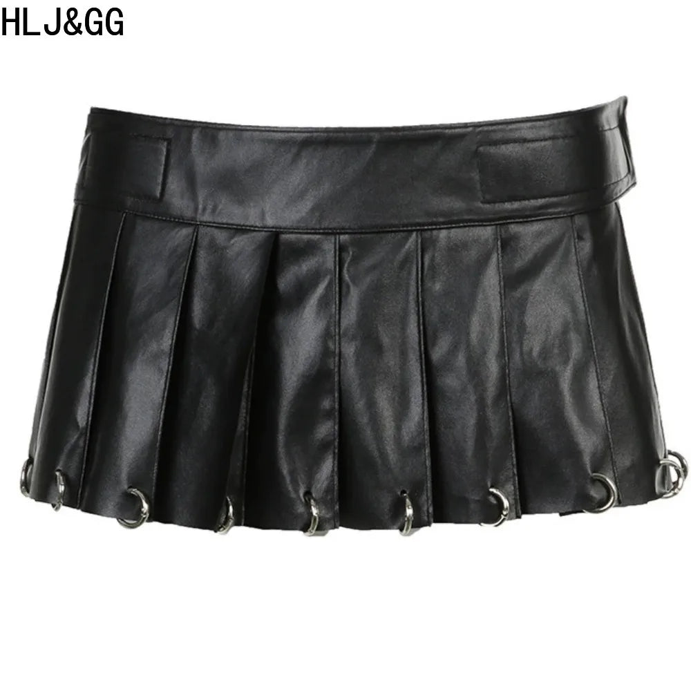HLJ&GG Y2K Sexy Stripe Letter See Though Two Piece Sets Women Long Sleeve Slim Top And Mini Leather Skirts Outfits Streetwear