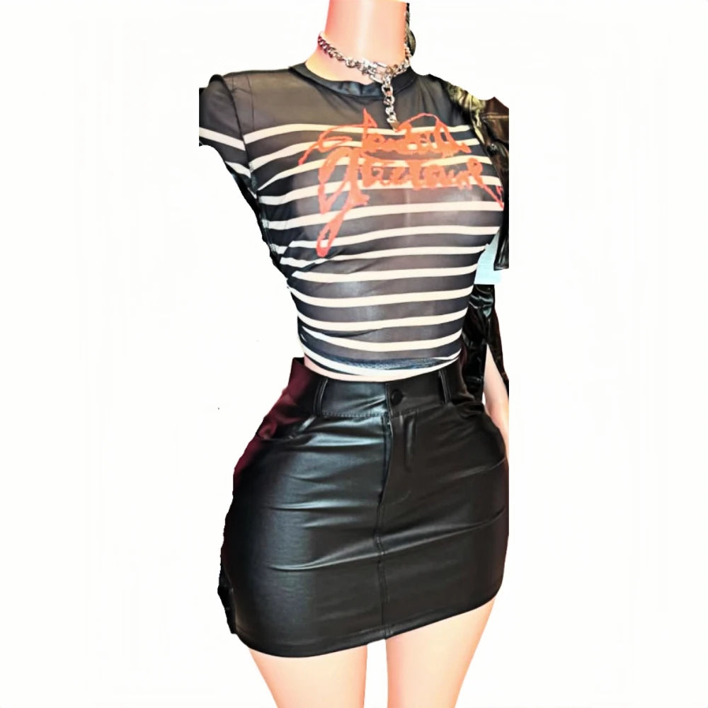 HLJ&GG Y2K Sexy Stripe Letter See Though Two Piece Sets Women Long Sleeve Slim Top And Mini Leather Skirts Outfits Streetwear