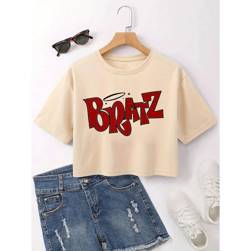 T Shirt Woman 2025 New in Cropped Cherry Print Crew Neck T-shirt Y2K Short Sleeve Fit Crop Top Spring Summer Women's Clothing