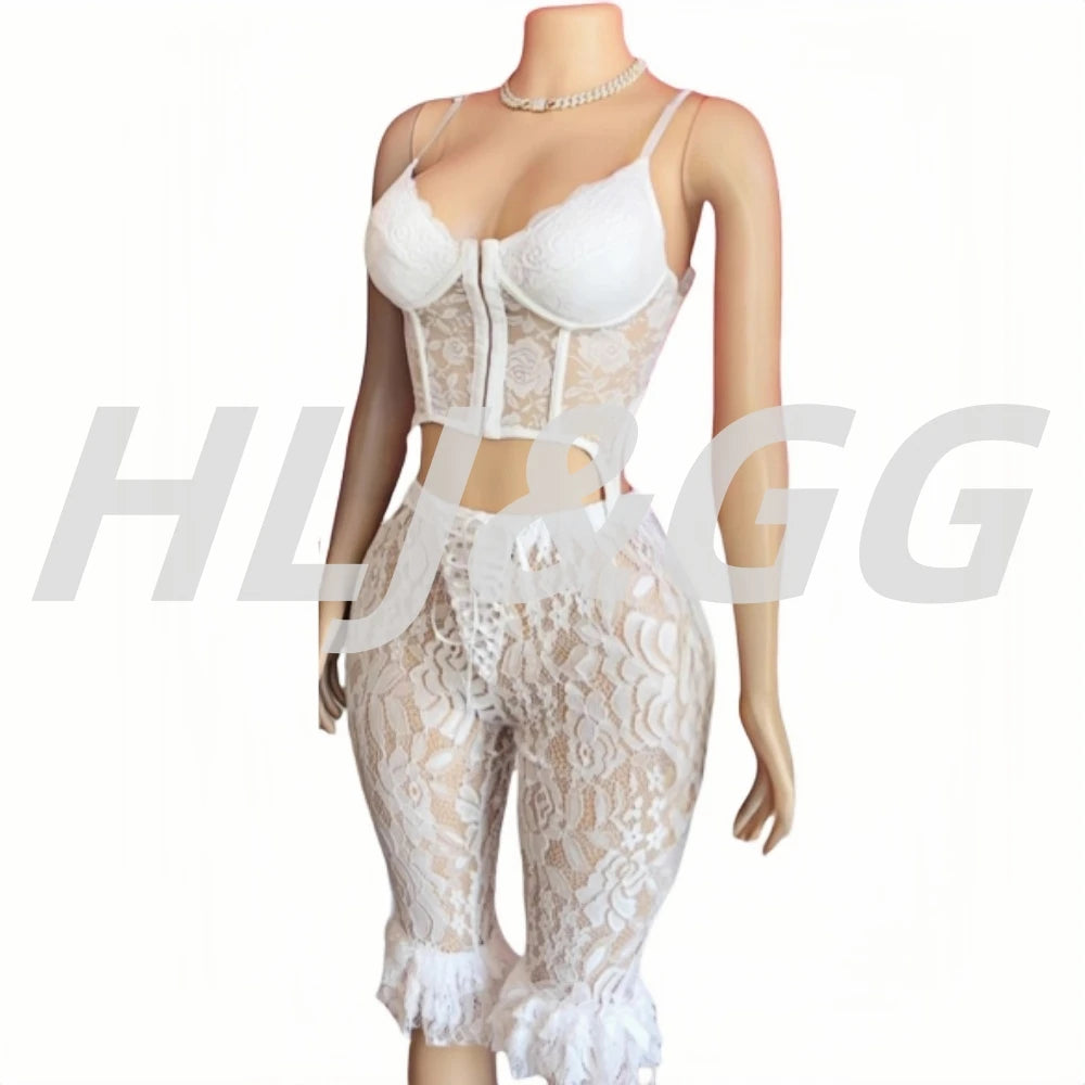 HLJ&GG Sexy Lace See Though Bandage Skinny Shorts Two Piece Sets Women V Neck Spaghetti Strap Slim Crop Top And Shorts Outfits