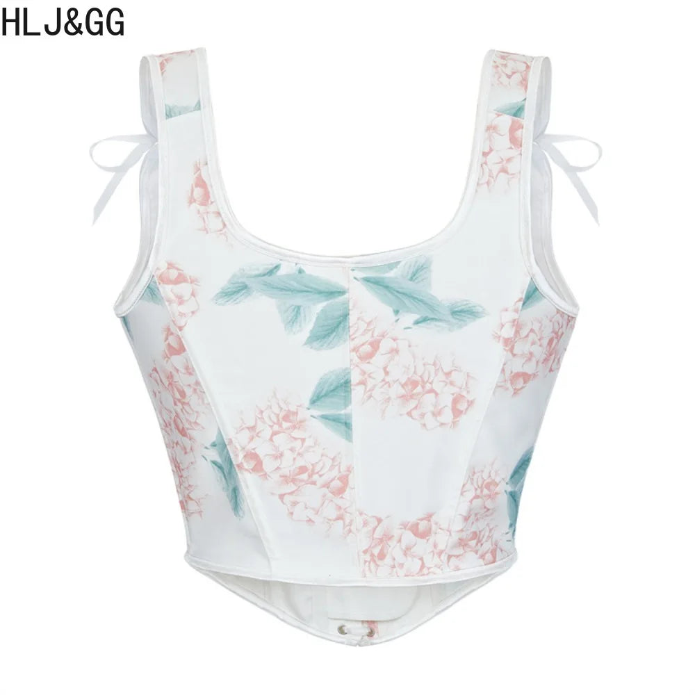 HLJ&GG Y2K Sexy Print Bandage Slim Vest Two Piece Sets Women Sleeveless Backless Crop Top And Ruffle Mini Skirts Outfits Fashion
