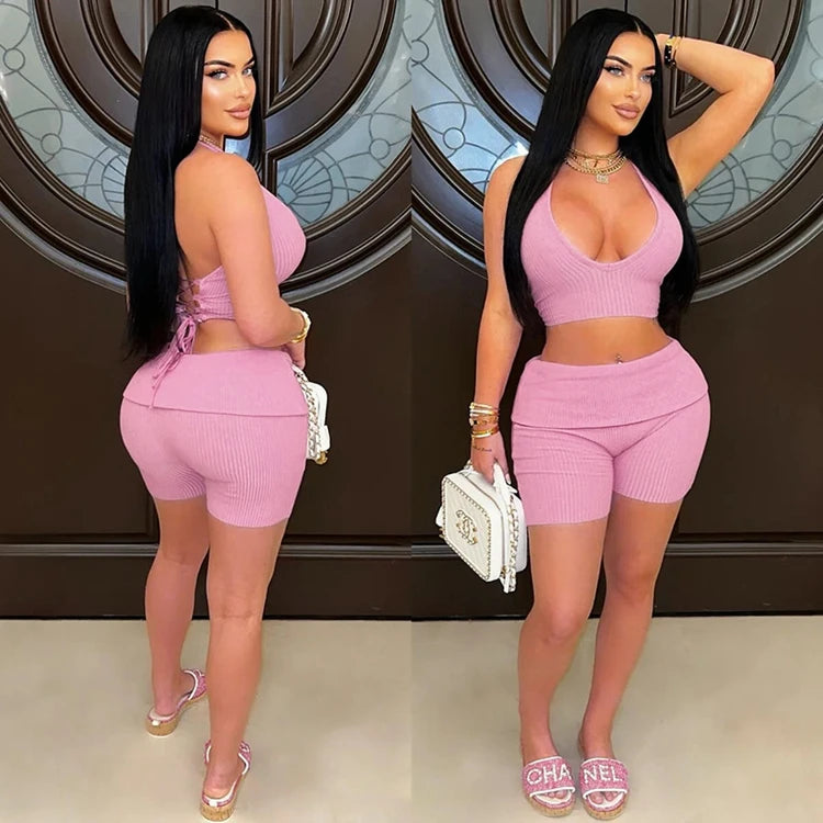 STYLISH LADY Printed Ribbed 2 Piece Set Women Halter Backless Crop Top and Shorts Suits 2025 Summer Sexy Club Party Outfits