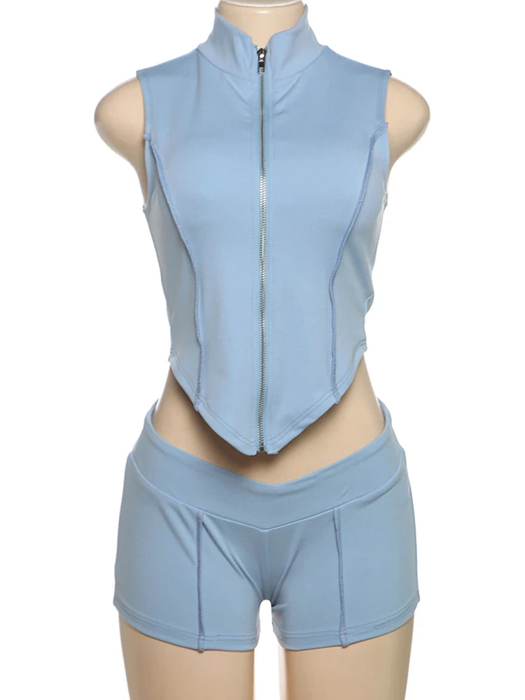 Weird Puss Casual Tracksuit 2 Piece Set Women Irregular Tank Tops+Peach Hip Zip Shorts Daily Simple Skinny Sporty Streetweas