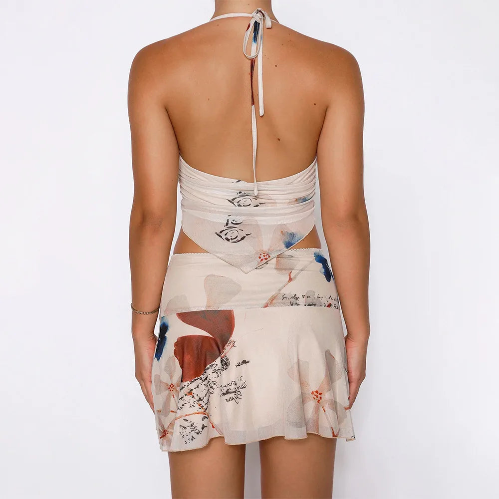 STYLISH LADY Floral Printed Beach Mesh 2 Piece Set Women Halter Backless Crop Top and Mini Skirts Suits 2025 Holiday Outfits