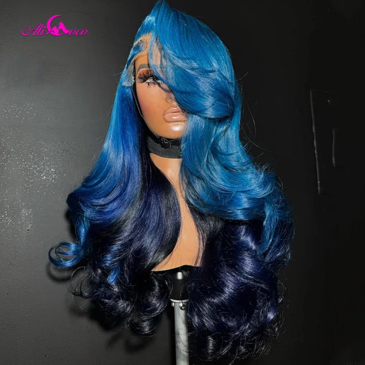 Ombre Dark Blue Body Wave Human Hair Wigs 13x6 13x4 Lace Frontal Wig Pre Plucked 7x5 Glueless Wig 180 Density For Women