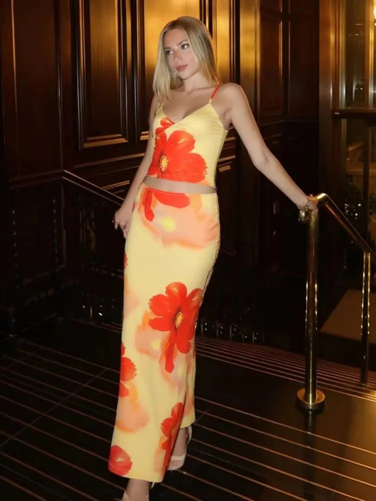 Weird Puss Tie-Dye Print 2 Piece Set Women Summer Y2K Fashion Hipster Elegant V-Neck Camisole+Maxi Skirts Matching Streetwear