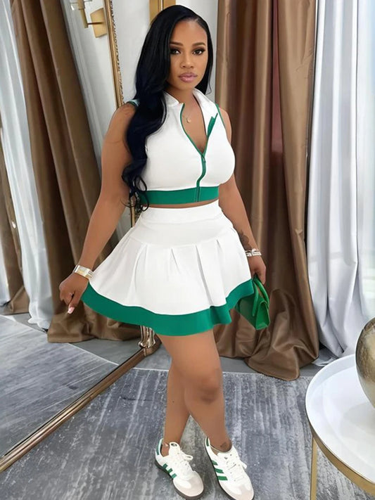 Kricesseen Women's Patchwork Zippers Crop Top And Ruched Skirt Set Two-Piece Sporty Tracksuits Set Night Club Outfits