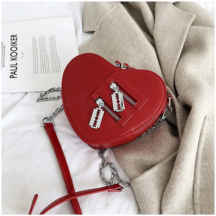 Gothic Heart Blade Zipper Chain Crossbody Bags for Women Girl Casual Shoulder Purses Handbags Techwear Summer Wallet Goth