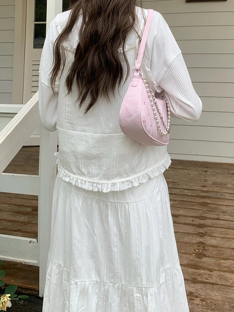 Pink Shoulder Bag Elegant Cute Bow Pearl Chains Bow Embroidery Handbag Casual Leather Korean Fashion Female Handbag
