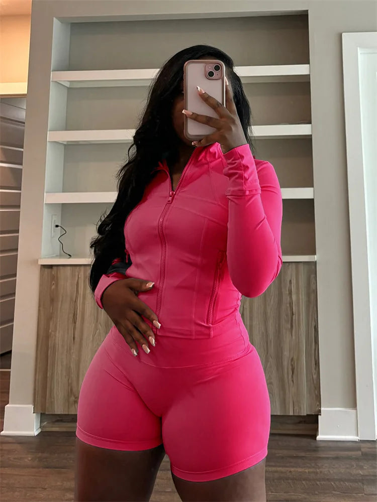 Weird Puss Casual Sporty 2 Piece Set Women Classic Tracksuit Cardigan Full Sleeve Jacket+Stretch Waist Skinny Shorts Trend Suits