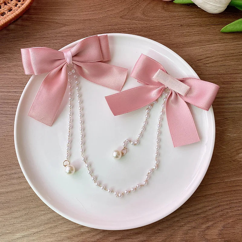 Sweet Princess Style Pink Pearls Chain Bow Hair Clip Women Children's Cute Back Head Hairpins Hair Clips Girls Hair Accessories