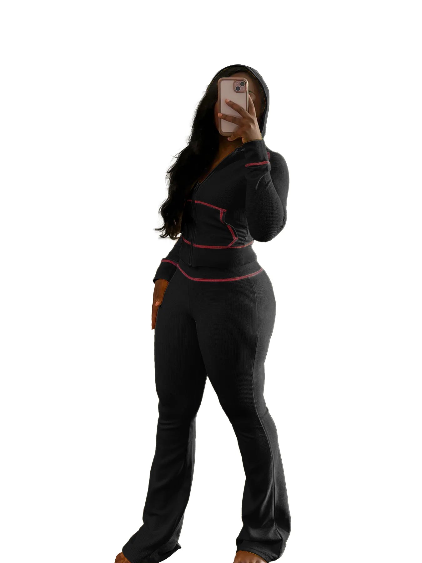 HLJ&GG Spring New Waffle Flare Pants Two Piece Sets Women Zip Hooded Long Sleeve Top + Pants Outfits Casual Sporty 2pcs Clothing