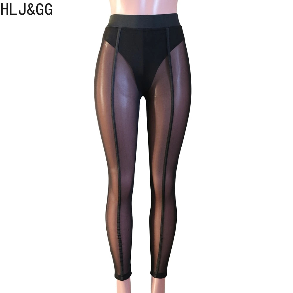 HLJ&GG Retro American Letter Printing Two Piece Sets Women Round Neck Long Sleeve Top And Mesh See Though Pants Outfits 2025 New