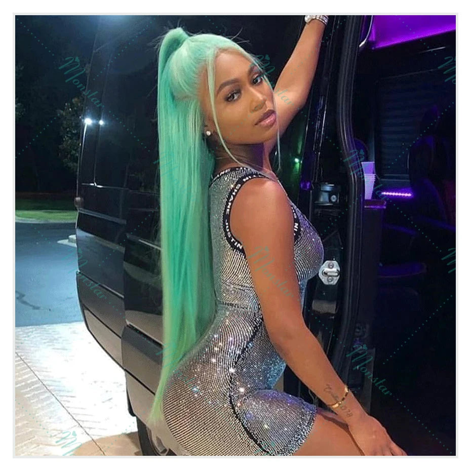Mint Green Colored Human Hair Wigs Brazilian Straight 13x6 HD Transparent Lace Frontal Human Hair Wigs for Black Women 200% 250%