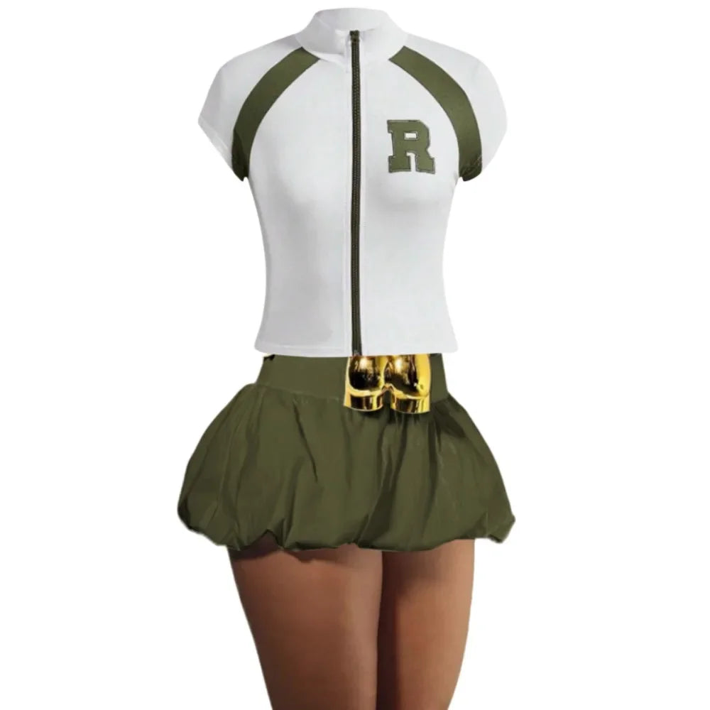 HLJ&GG Fashion Letter Embroidery Two Piece Sets For Women Zipper Short Sleeve Slim Top And Puffy Mini Skirts Outfits Streetwear