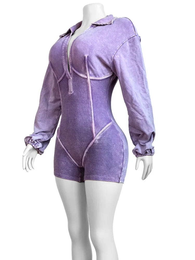 Kricesseen Casual Washed Ribbed Cargo Rompers Night Club Outfits Fashion Fashion Long Sleeve Knitted Jumpsuits Night Clubwear