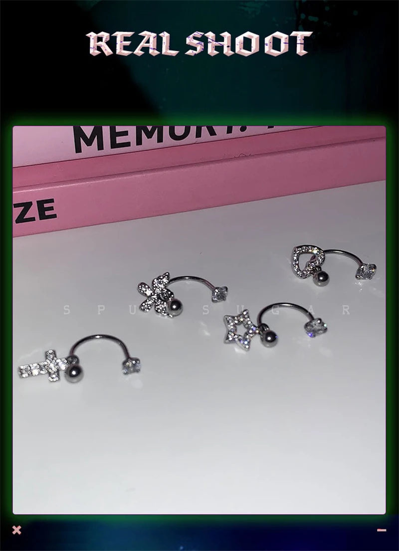 U-shaped Rhinestone 316L Stainless Steel Ring Ear Bone Nail for Women Love Hreat Butterfly Earrings Y2K Hottie Jewelry
