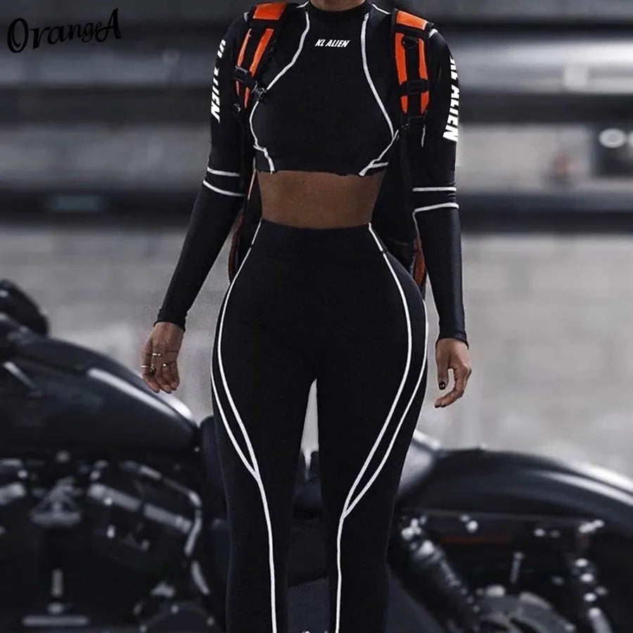 Weird Puss Women Tracksuit Letter Print 2Piece Set Fitness Full Sleeve Crop Top Elastic Leggings Activewear Casual Slim Outfits