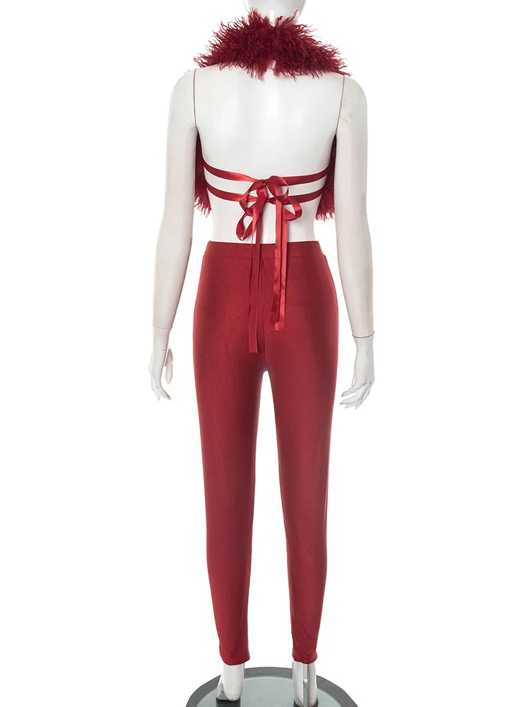 Weird Puss Sexy Fashion 2 Piece Set Women Plush Patchwork Halter Backless Camisole+Solid Skinny Pants Hottie Hipster Clubwear