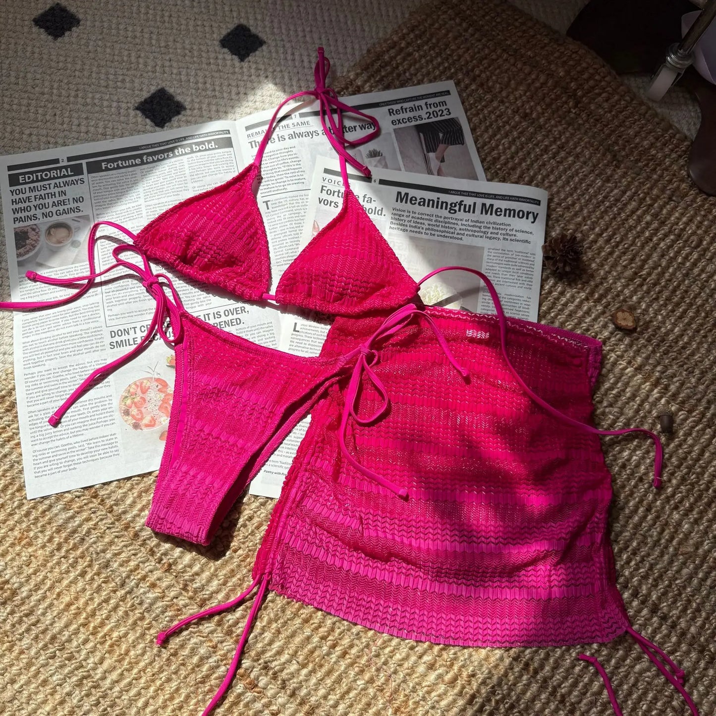HLJ&GG Sexy Gradient Pink 3 Piece Sets Woman Bikini Outfit Halter Backless Crop Top + Underpants + Skirt Female Swimwear New