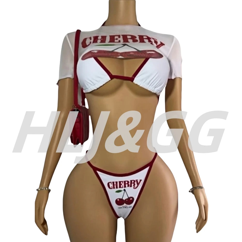 HLJ&GG Sexy Cherry Printed See Though 3 Piece Bikini Swimsuit Women Round Neck Short Sleeve Top Outfit Summer New 3pcs Beachwear
