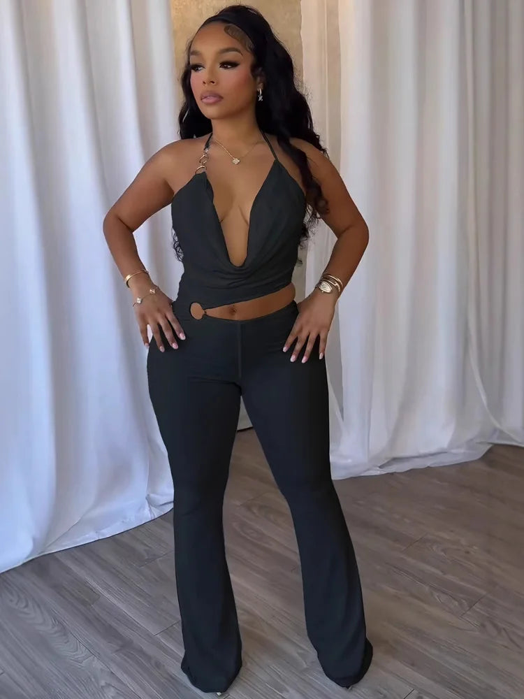 Kricesseen Women's Halter Neck Draped Cut-Out Metal Ring Fitted Jumpsuits Sexy Rompers One Piece Outfits Solid Clubwear Overalls