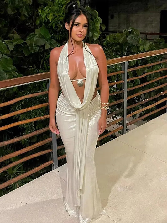 Weird Puss Thin Sexy Women 2 Piece Set Glitter Sheet Metal Backles Shalter Tank Tops+Ribbon Skirts Tight Vacation Matching Suits