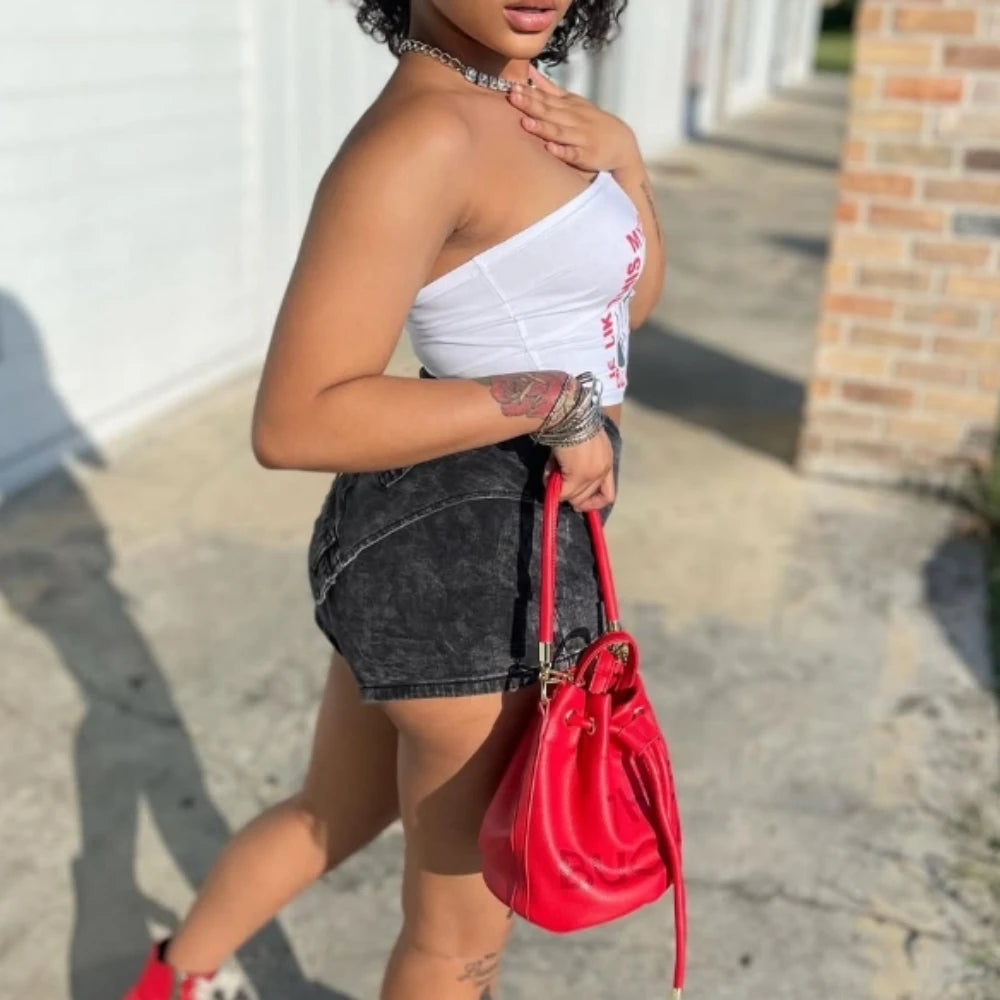 HLJ&GG Y2K Fashion Streetwear Sexy Hot Girl Printing Sleeveless Slim Vest And jeans Shorts Two Piece Sets Summer 2pcs Outfits