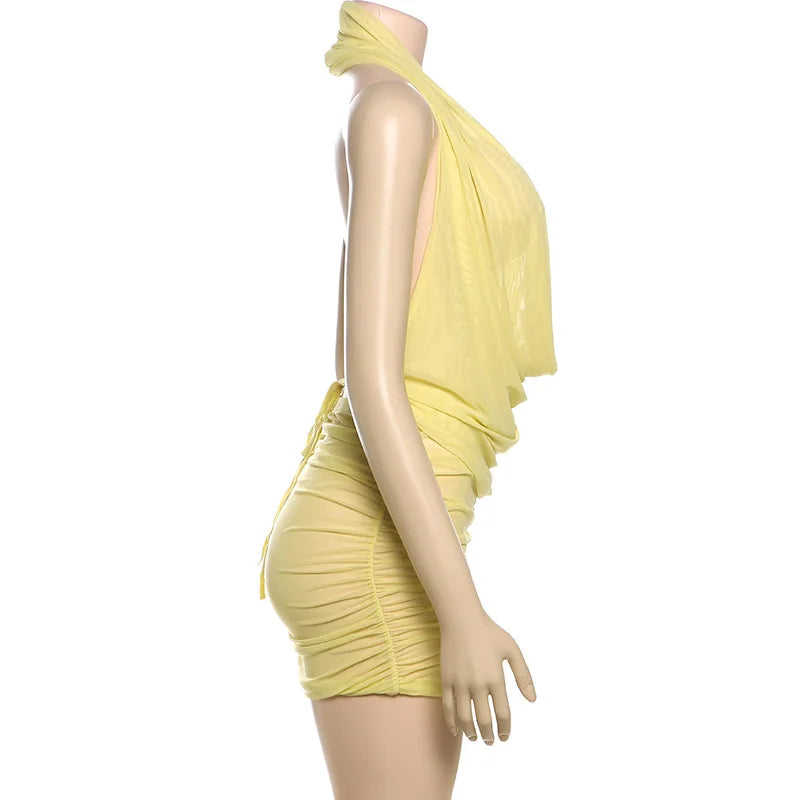 HLJ&GG Sexy Ruched Halter Deep V Mini Skirts Two Piece Sets Women Sleeveless Backless Lace Up Crop Top+Skirts Outfits Streetwear