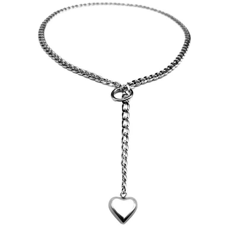 Heart Star O-ring Long Chain For Women Men Punk Rock Necklace Stainless Steel Cuban Necklaces Simple Adjustable Y-Necklace