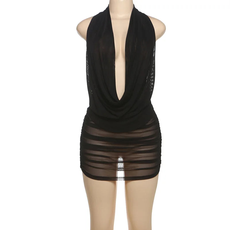 HLJ&GG Sexy Ruched Halter Deep V Mini Skirts Two Piece Sets Women Sleeveless Backless Lace Up Crop Top+Skirts Outfits Streetwear