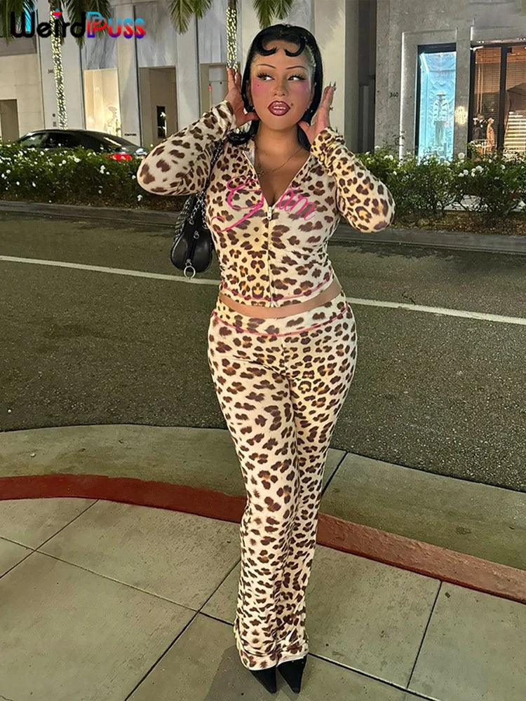 Weird Puss Leopard Contrast Letter Print 2 Piece Set Women Hooded Full Sleeve Crop Jacket+Skinny Stretch Flare Pants Trend Suits