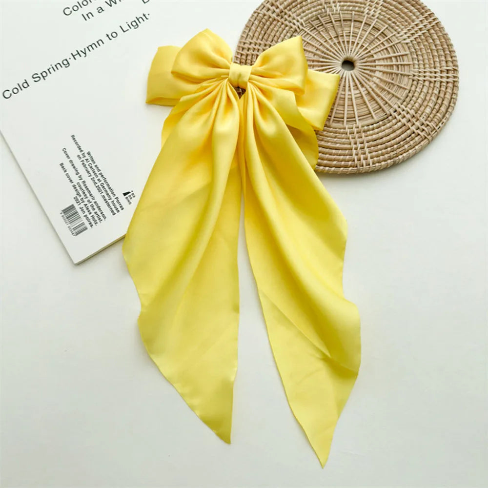 Ladies Satin Large White pink Red Blue Black Ribbon bow Oversized bow Long tail hair clip spring clip ponytail Hair accessorie