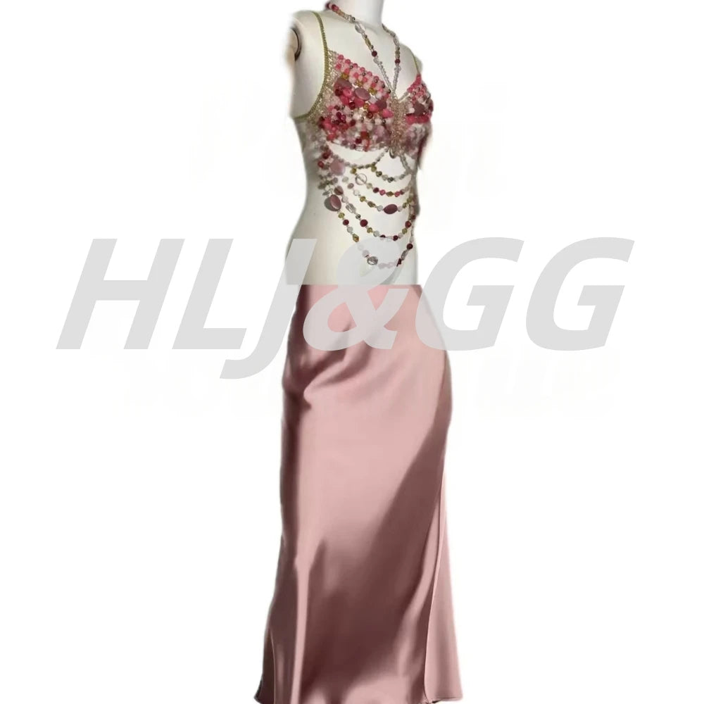 HLJ&GG Sexy Rhinestone Beads Halter Hollow Two Piece Sets Women Sleeveless Backless Top + Satin Skinny Skirts Outfits Streetwear