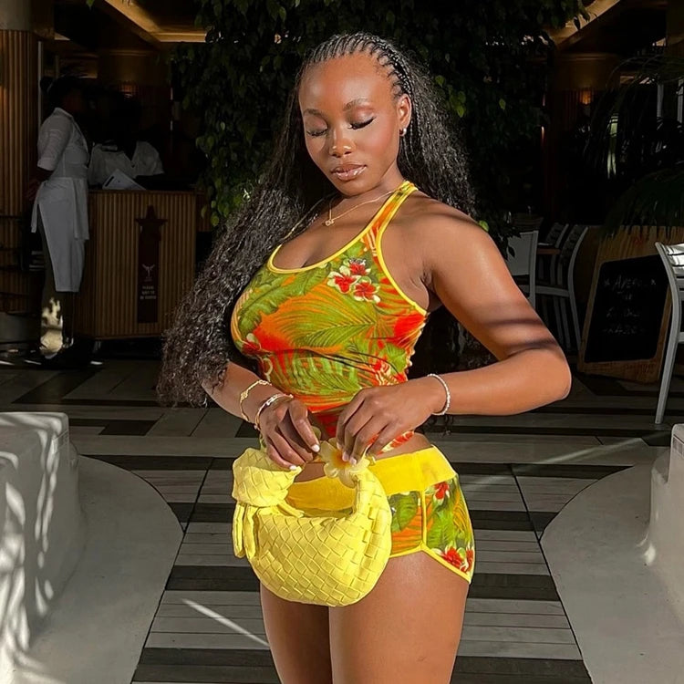 STYLISH LADY Comtrast Color Printed 2 Piece Set Women Halter Backless Crop Top and Drawstring Shorts Suits 2025 Street Outfits