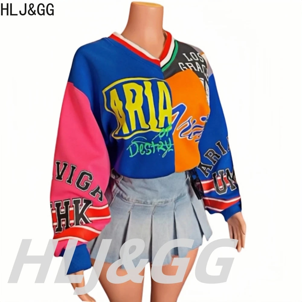 HLJ&GG Fashion Letter Graffiti Print Pullover Two Piece Sets Women V Neck Long Sleeve Loose Top + Pleated Mini Skirts Streetwear