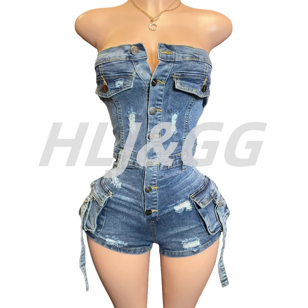HLJ&GG Blue Sexy jeans Pocket Cargo Bodycon Rompers Women Off Shoulder Sleeveless Backless Slim Jumpsuit Fashion Cowboy Playsuit