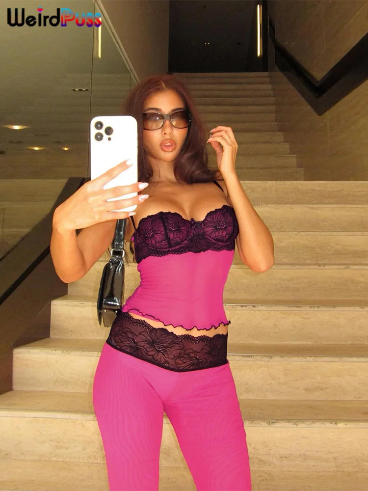 Weird Puss Mesh Patchwork 2 Piece Set Women Sexy Cleavage Sleeveless Crop Tops+Leopard Print Skinny Pants Street Wild Trend Suit