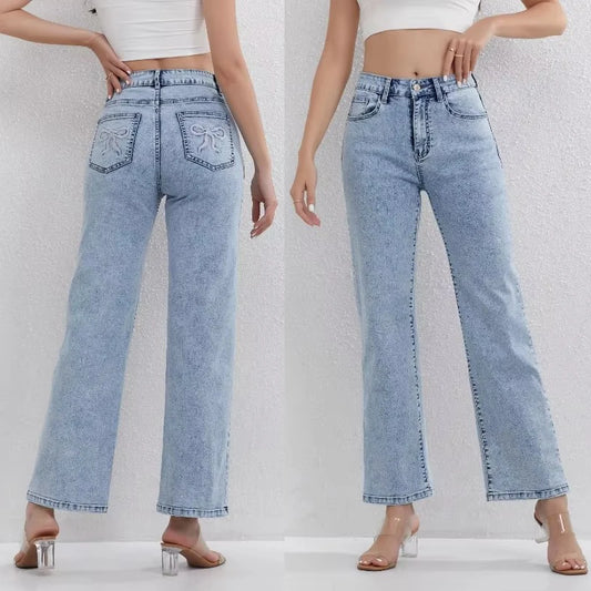 Ladies Light Blue High Waisted Jeans Straight Leg Design Classic Daily Wear Fashionable