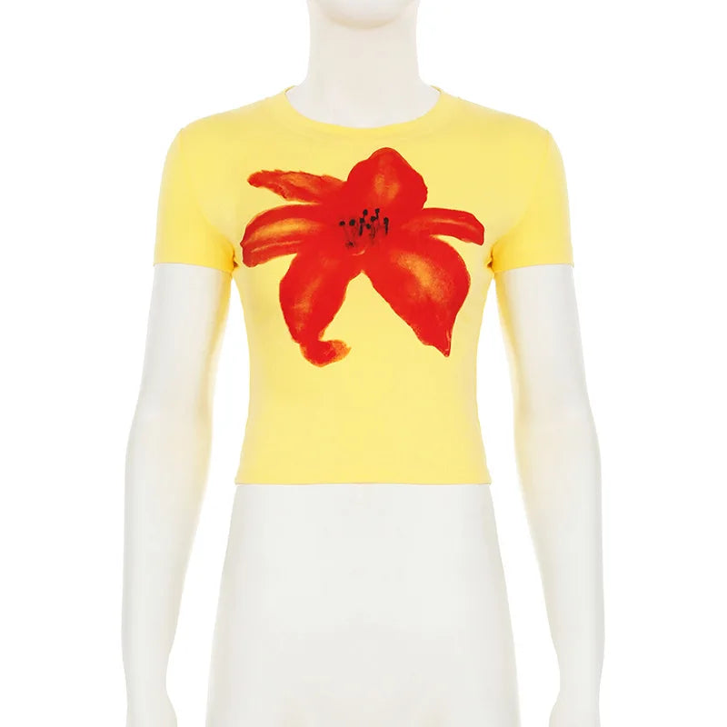 STYLISH LADY Contrast Color Floral Printed Crop Tops 2025 Summer Women Short Sleeve O Neck Casual Holiday Street T Shirts Tees