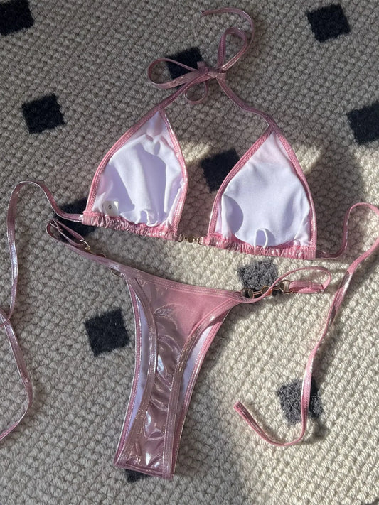 Shiny Pink Micro Bikini 2025 Mujer Women Sexy PU Pearls Push Up Thong Swimsuit Summer Bathing Suit Bandage Holiday Swimwear