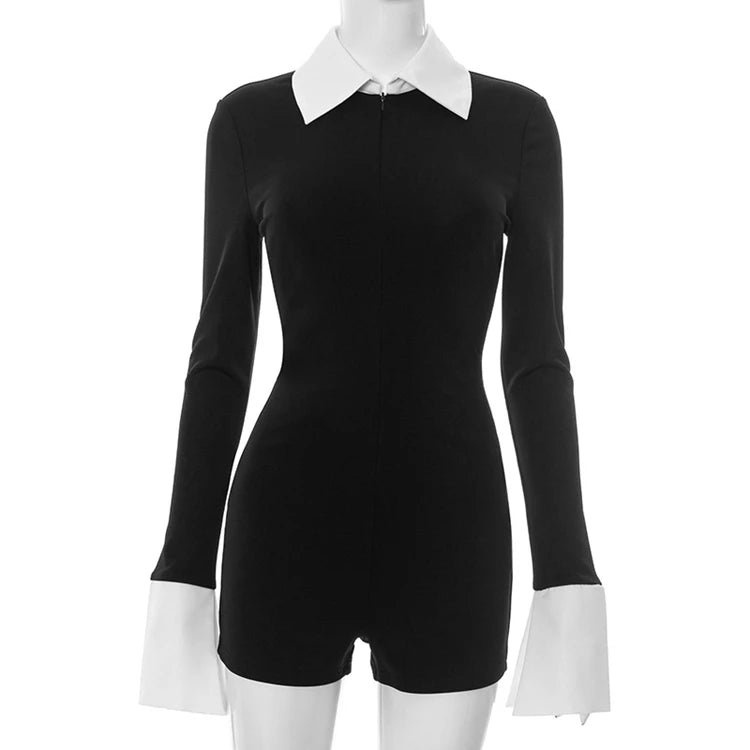 STYLISH LADY Contrast Color Elegant Playsuits 2025 Summer Women Long Sleeve V Neck Bodycon Sexy Club Party Short Rompers