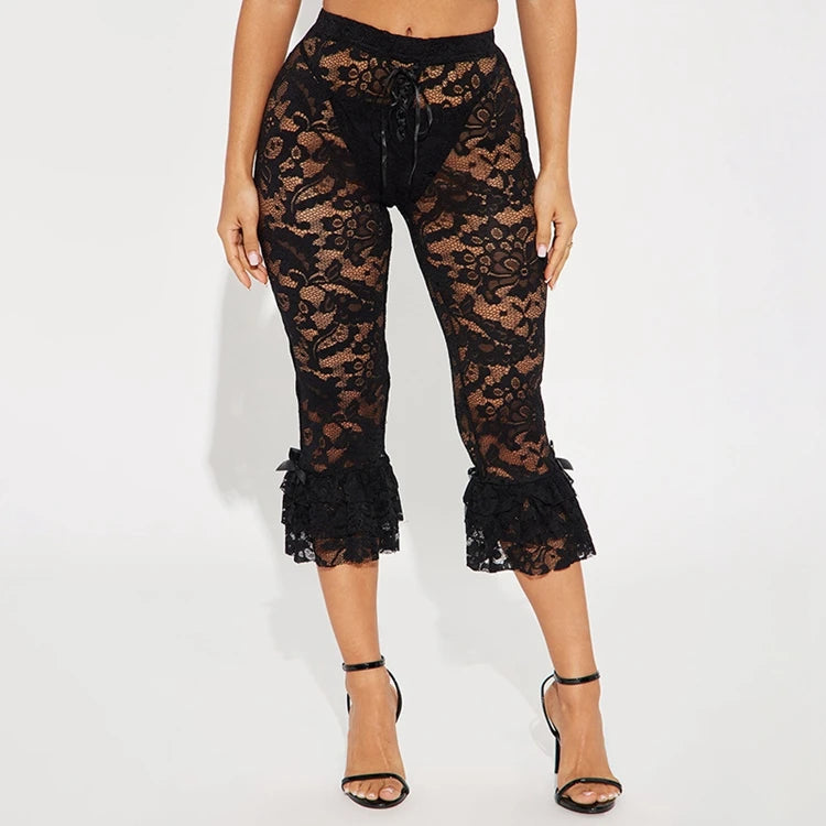 STYLISH LADY Lace Knee Length Pants 2025 Summer Women Midi Waist Hollow Out Sexy Club Party Street See Through Leggings Pants