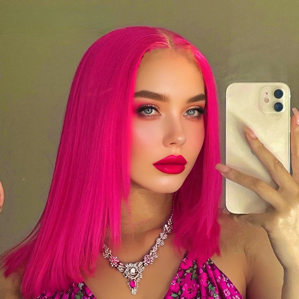 Hot Pink Short Bob Wig Human Hair 13X4 Bob Lace Frontal Wigs Pre Plucked Brazilian Remy Wigs 180% Denity
