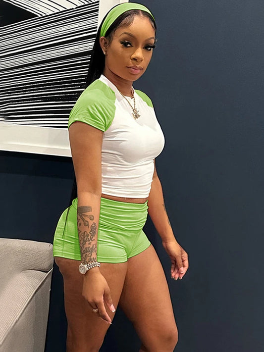 Kricesseen Color Block Crop Top And Matching Shorts Set 2 Piece Outfits Sporty Knitted Active Set Night Club Outfits