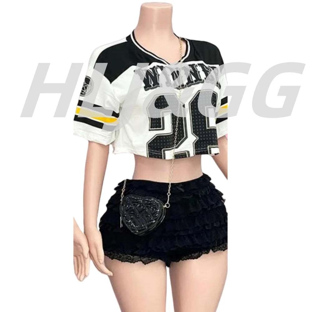 HLJ&GG Summer New Y2K Letter Print Two Piece Sets Women V Neck Short Sleeve Crop Top And Ruffle Skirts Shorts Outfits Streetwear