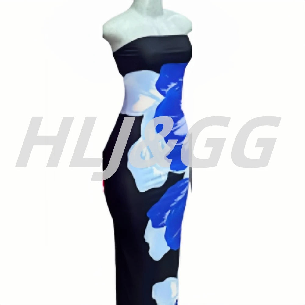 HLJ&GG Sexy Flowers Printing Bodycon Maxi Dresses Women Off Shoulder Sleeveless Backless Slim Vestidos Fashion Streetwear 2025