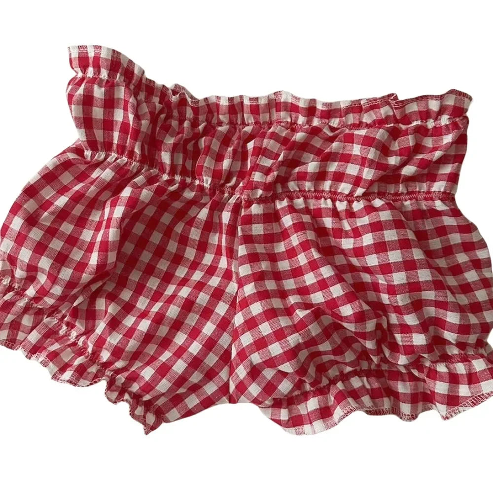 HLJ&GG Y2K Cherry Print Fashion Ruffle Shorts Two Piece Sets For Women V Neck Sleeveless Tank Top + Ruched Shorts Street Outfits